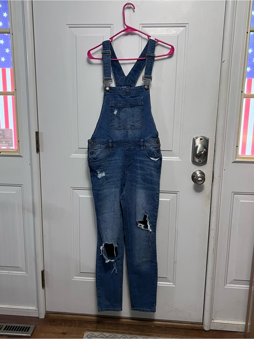 Blue Spice Juniors 11 Distressed Denim Overalls Bib Skinny Leg Y2K 98% Cotton